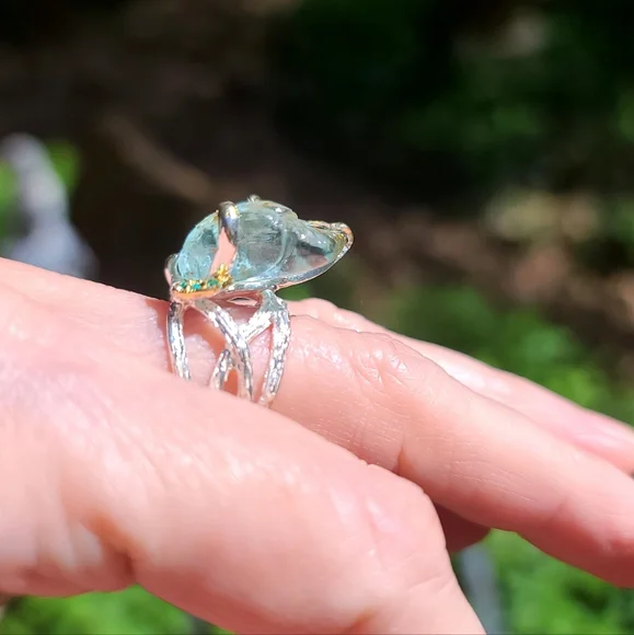 Aquamarine leaf carved gemstone & Topaz Sterling ring sz7.5 - Picture 7 of 10
